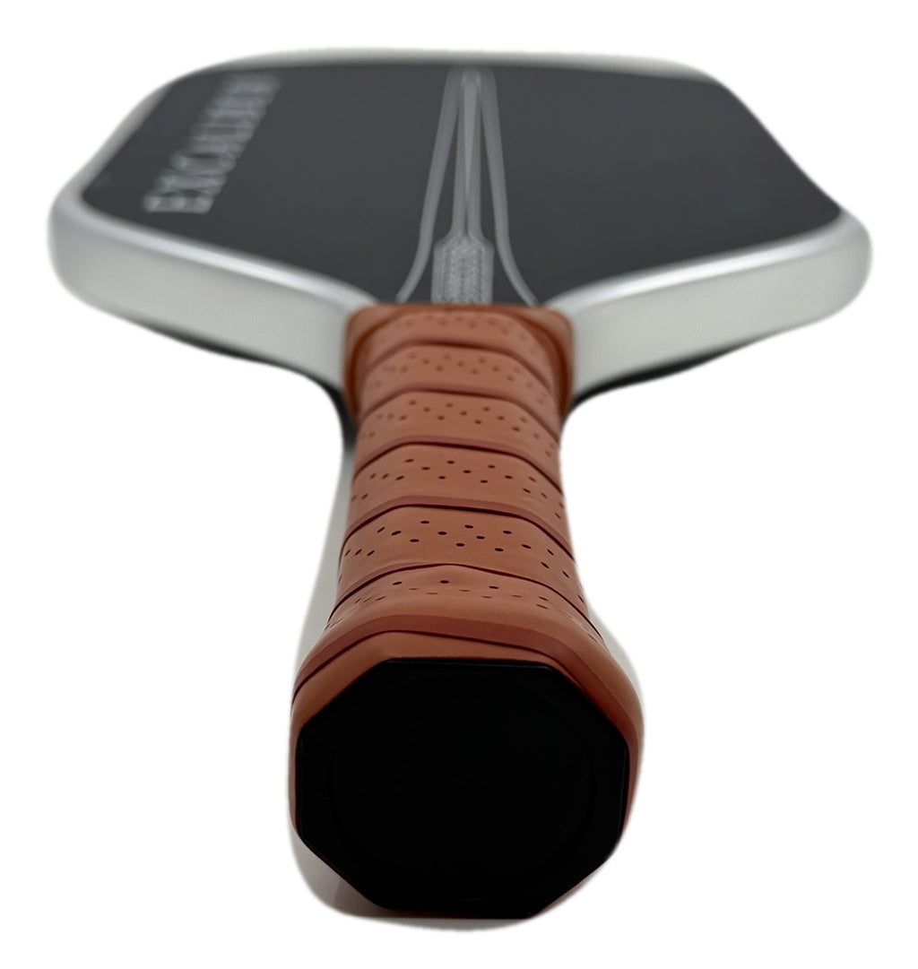 Excalibur paddle grip and black butt cap viewed from a low angle